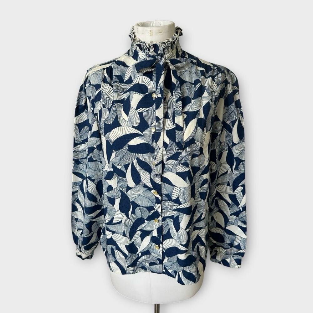 Vintage Pykettes Blue Leaf Print Secretary Blouse Ruffle Neck Tie Women’s 14